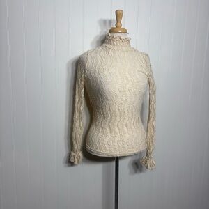 Cream Lace Mock Neck Top Sheer Romantic Victorian Y2K Fairy Core Stretch